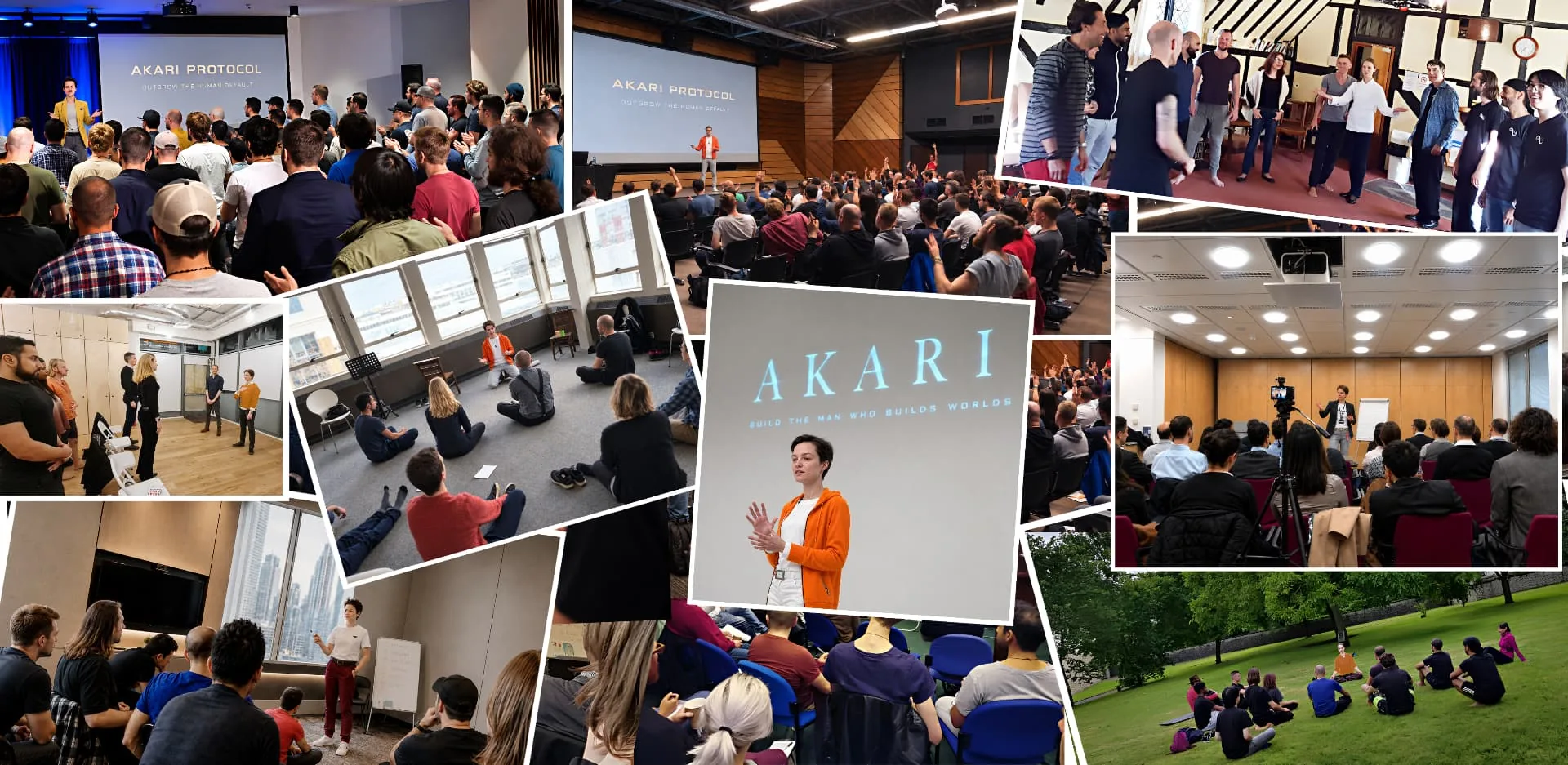 J. H. Tepley teaching Akari seminars and workshops, with audiences in lecture halls, small discussion groups, and an outdoor gathering.