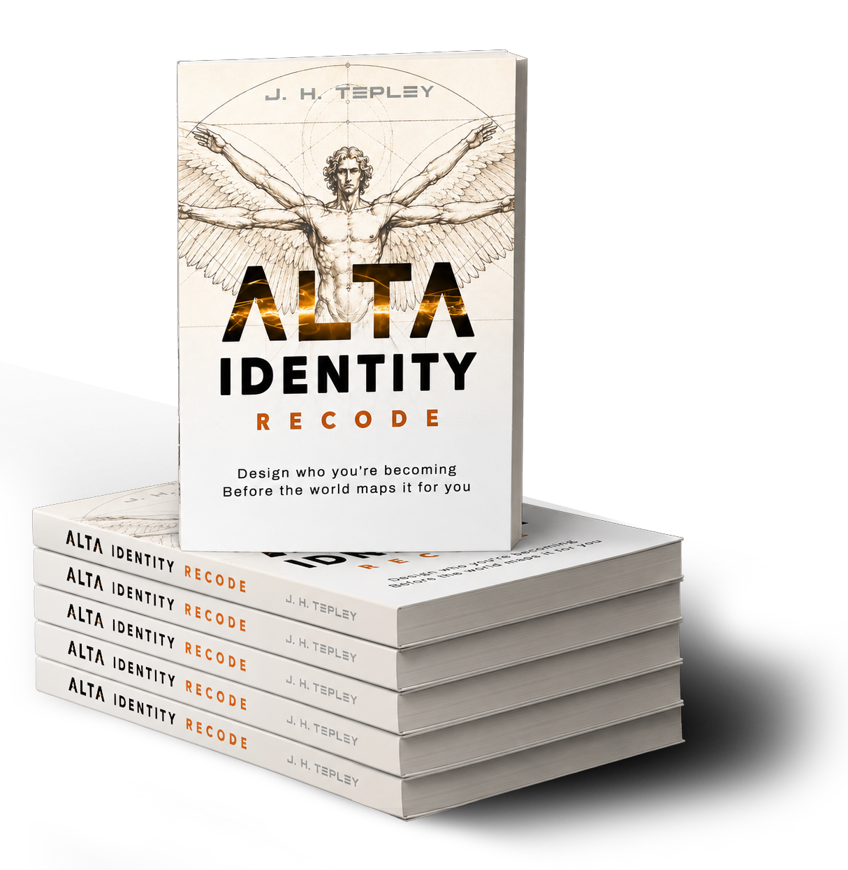 Alta Identity Recode book by J. H. Tepley — stack of paperback copies.
